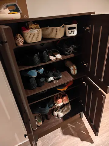 Dark Wood Shoe Cabinet with Multiple Shelves - Good Condition