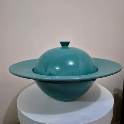 Vintage turquoise ceramic covered serving bowl / tureen