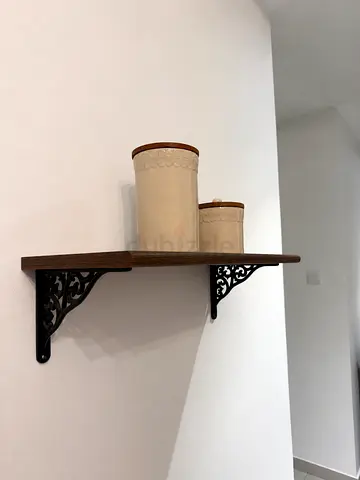Solid wood wall shelf with decorative metal brackets - ready to mount