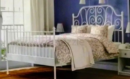 White Metal Double Bed Frame with Decorative Headboards, cupboard,decorative tables