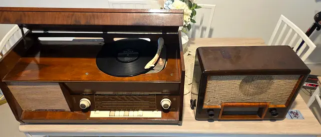 Vintage Wooden Record Player Console with Separate Tube Radio Speaker