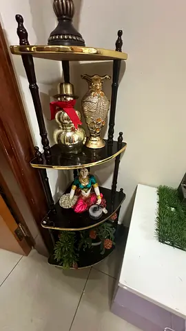 Wooden Corner Display Shelf Unit with Brass Accents - 4 Tiers