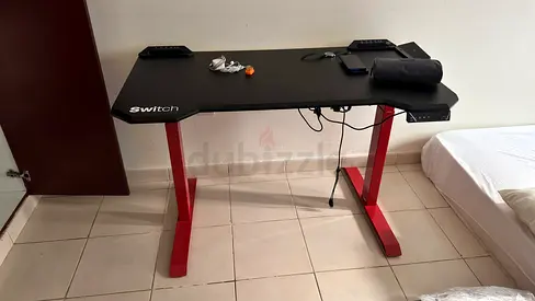 Adjustable Gaming/Study Desk with Red Metal Legs and Black Top
