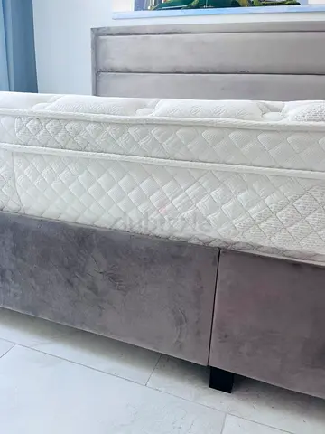 Queen mattress with upholstered bed base (grey velvet) - good condition, Original AED 4,800