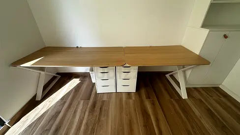 IKEA BEKANT-style double wooden desk with storage drawers — excellent condition