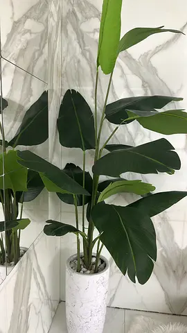 Pair of tall artificial tropical plants in white pots