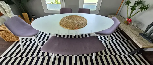White oval dining table for 6 people (bench and 4 chairs) — modern set