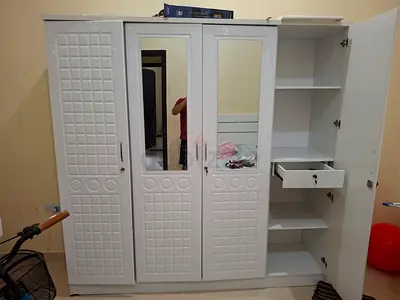 White 4-Door Wardrobe with Mirrors and Shelves - Good Condition
