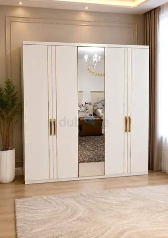 Modern White Wardrobe with Gold Details and Center Mirror