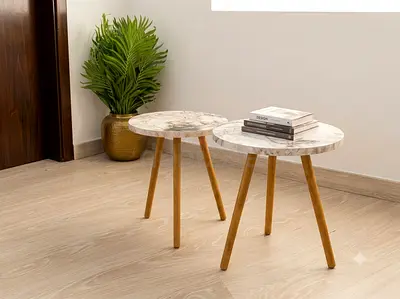 Set of 2 Round Marble Effect Side Tables with Wooden Legs