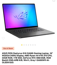 ASUS ROG Zephyrus G16 GA605 - 16 Gaming Laptop, Ryzen 9, RTX 4060, 32GB, 1TB SSD