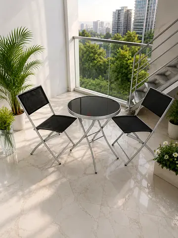 Compact 3-piece Patio Bistro Set — Glass Top Table with 2 Folding Chairs