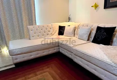 Cream L-shaped Tufted Sofa Corner Couch - Good Condition