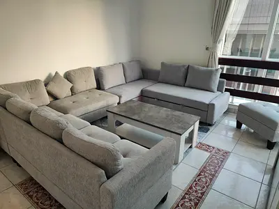 4 seater Light grey L-shaped sectional sofa with ottoman  3 seater Sofa Cum bed with storage