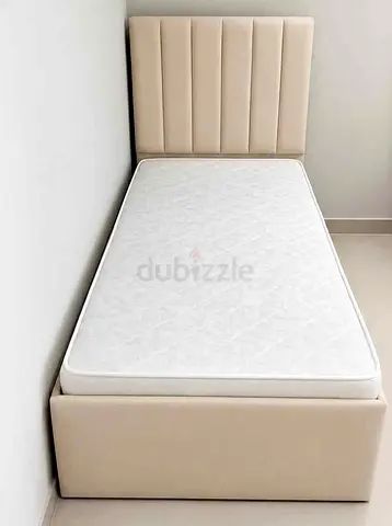 Single Bed Frame with Mattress - Beige Upholstered (Good Condition)