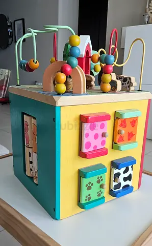 Wooden Activity Cube with Bead Maze and Shape Sorter - Good Condition