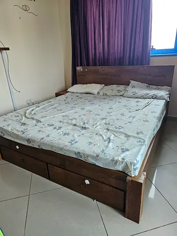 Solid Wooden Double Bed with Storage Drawers and make up table  - Good Condition