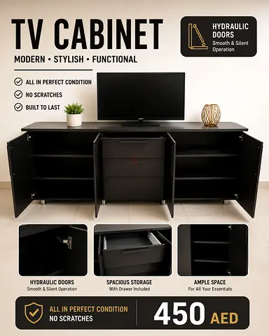 Modern Black TV Cabinet with Hydraulic Doors - Excellent Condition