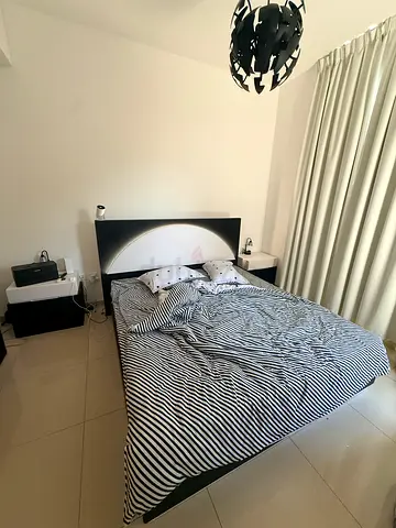 Double bed frame with mattress and bedside tables - modern black white as well as dresser