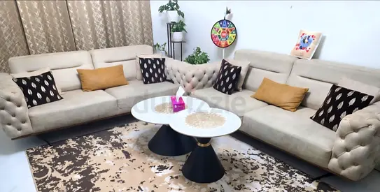 Light beige tufted 3-piece sofa set with coffee tables - good condition