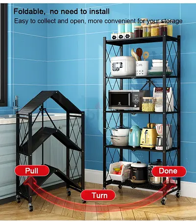 Foldable 5-Tier Metal Kitchen Storage Rack on Wheels - Black