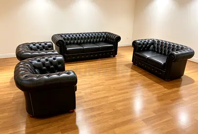 Black Leather Chesterfield Sofa Set - 3-Seater + 2-Seater + 2 Armchairs