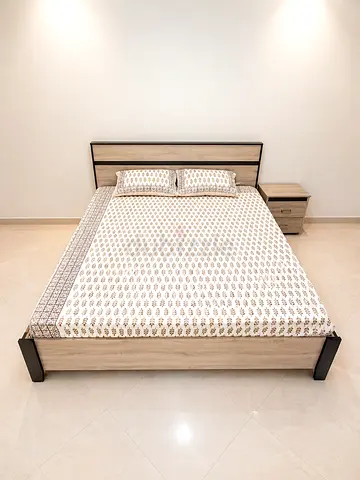 Modern King Bed Frame with Matching Nightstand - Light Wood