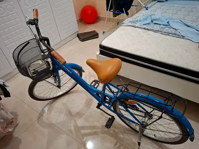Blue city cruiser bike with basket and rear rack - good condition