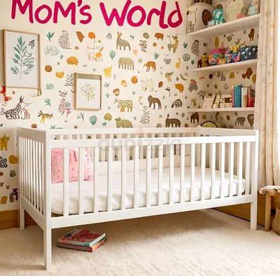 White Wooden Baby Crib - Simple Modern Design, Good Condition