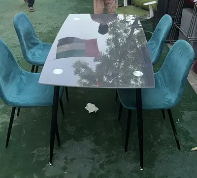 Glass Top Dining Table with 4 Velvet Chairs - Good Condition