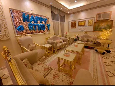 Hand carved Egyptian wood Classic gold-trim 3+3+2+1 upholstered sofa set with 5 marble top tables