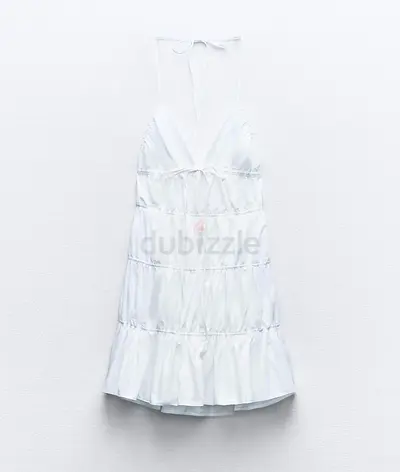 White Short Summer Dress from Zara, V-neck, Ruffled Tiered Skirt