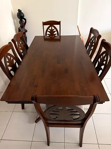 Solid Wood Dining Table with 6 Matching Chairs - Dark Brown