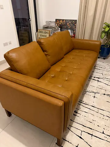 Genuine Leather 3-Seater Sofa — Modern Tan Finish