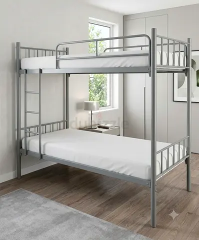 New Metal Bunk Bed Frame With Mattress- Single over Double, Silver