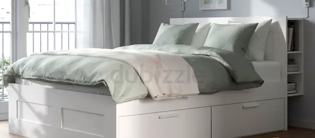 White storage bed frame with headboard shelves - single/queen (see size)