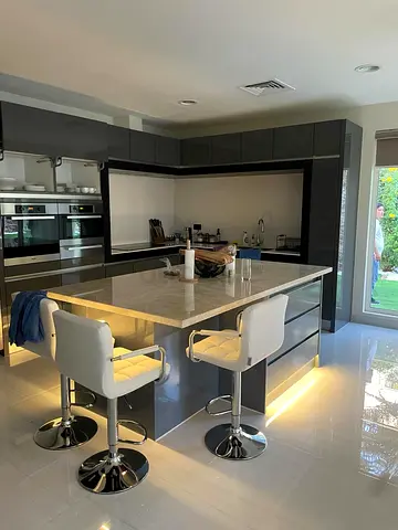 Modern grey kitchen island with marble top Dubai UAE