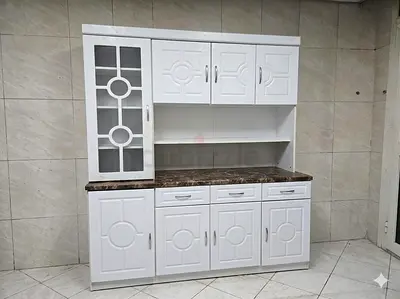 White Wooden Kitchen Cabinet Unit with Marble Top - Good Condition