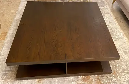 Solid wood low square coffee table with lower shelf - dark brown