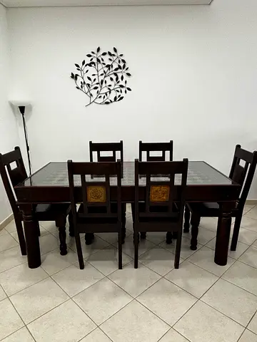 Solid Wood 6-Seater Dining Table with Chairs - Dark Finish with Glass Top.