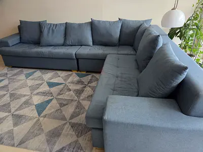 Large L-shaped Blue Fabric Sofa — Comfortable 6-seater