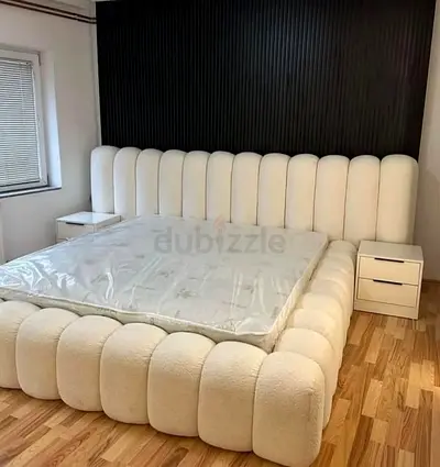 Cream boucle upholstered king-size bed Frame