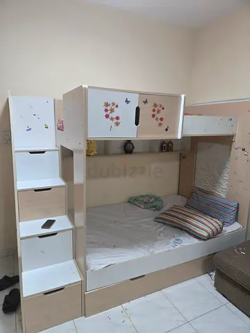 Childrens loft bed with storage and shelves - light wood, good condition