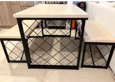 Wood Top Metal Frame Dining Bench Set (3-Piece)