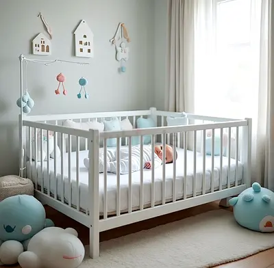 White Wooden Baby Crib with Mattress — Good Condition