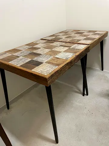 Rustic Wood Mosaic Dining Tables with Leather chairs