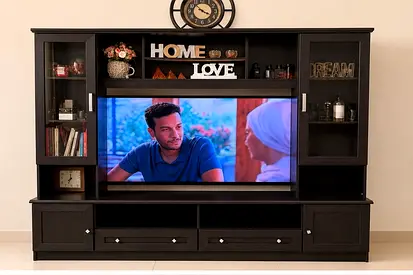 Dark Wood Entertainment Center with Glass Cabinets and Shelves