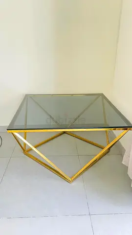 Square Glass Coffee Table with Gold Geometric Base