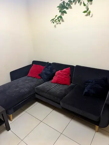 3-seater L-shaped dark grey velvet sofa with chaise (good condition)