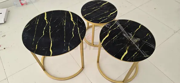Set of 3 Round Nesting Side Tables with Black Marble Top and Gold Legs